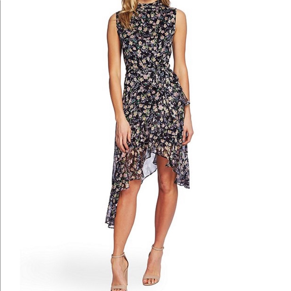 Sleeveless Ruffled Floral Print Skirt Neck Dress